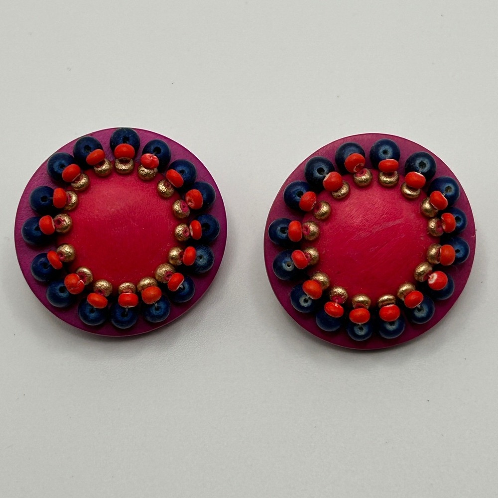 Vintage Boho Beaded Wood Clip On Earrings Pink Blue Orange Gold Round Statement